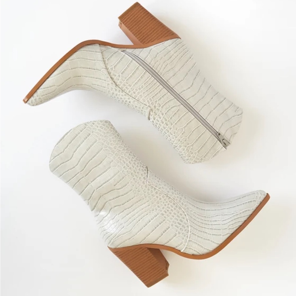 Lulus Eleora Bone Crocodile-Embossed Mid-Calf High Heel Boots - Picture 3 of 9